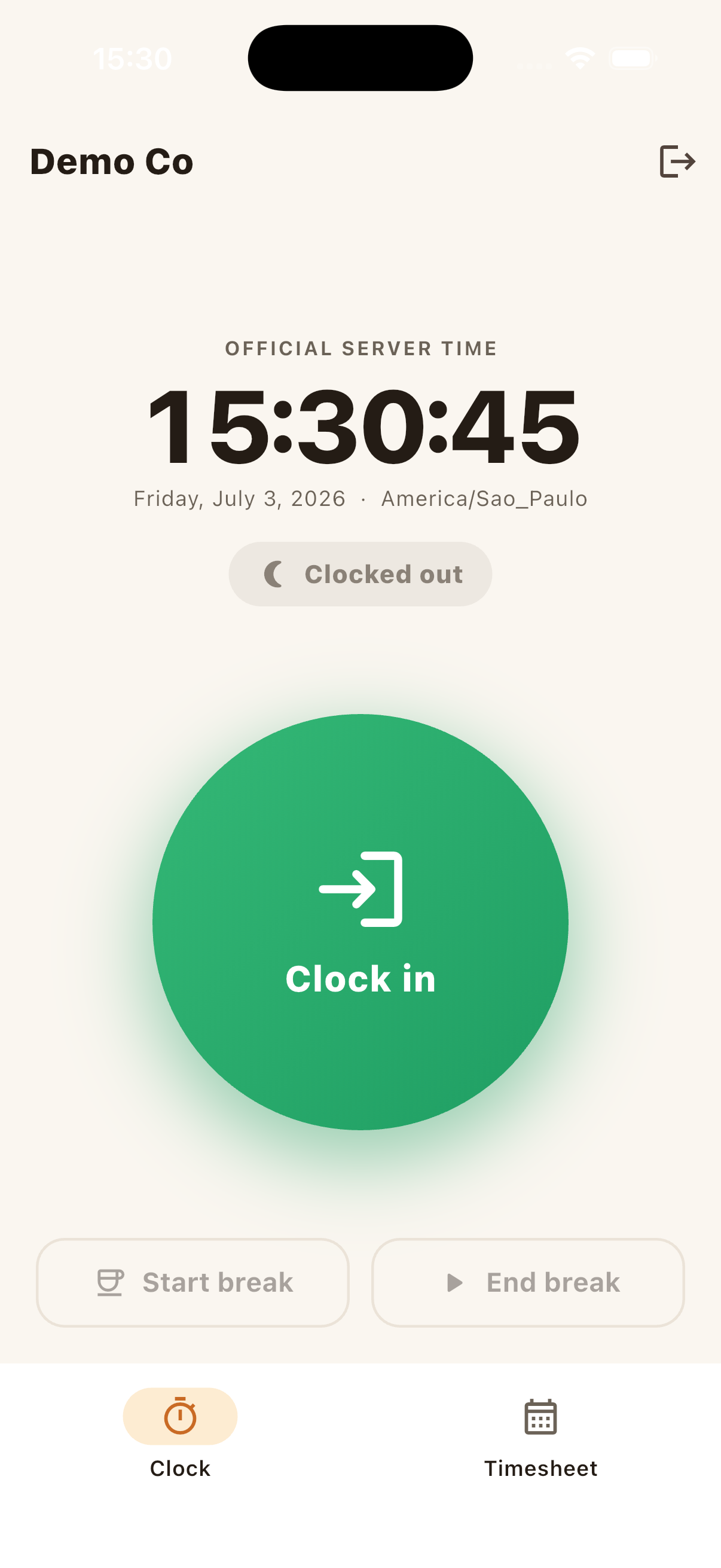 ClockBear mobile app showing the official server time and a large Clock in button.