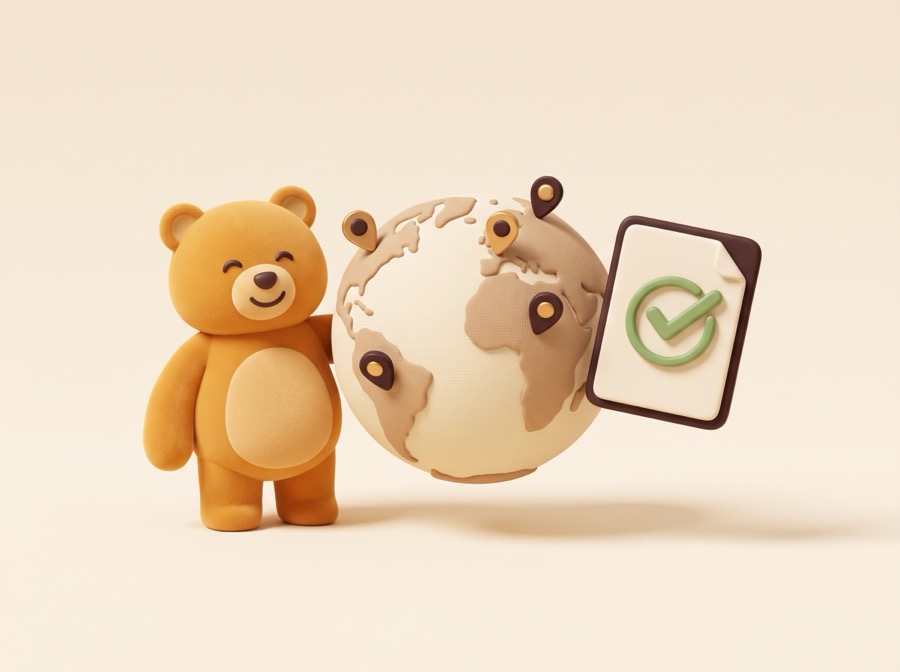ClockBear mascot beside a globe with location pins and a compliance checkmark.
