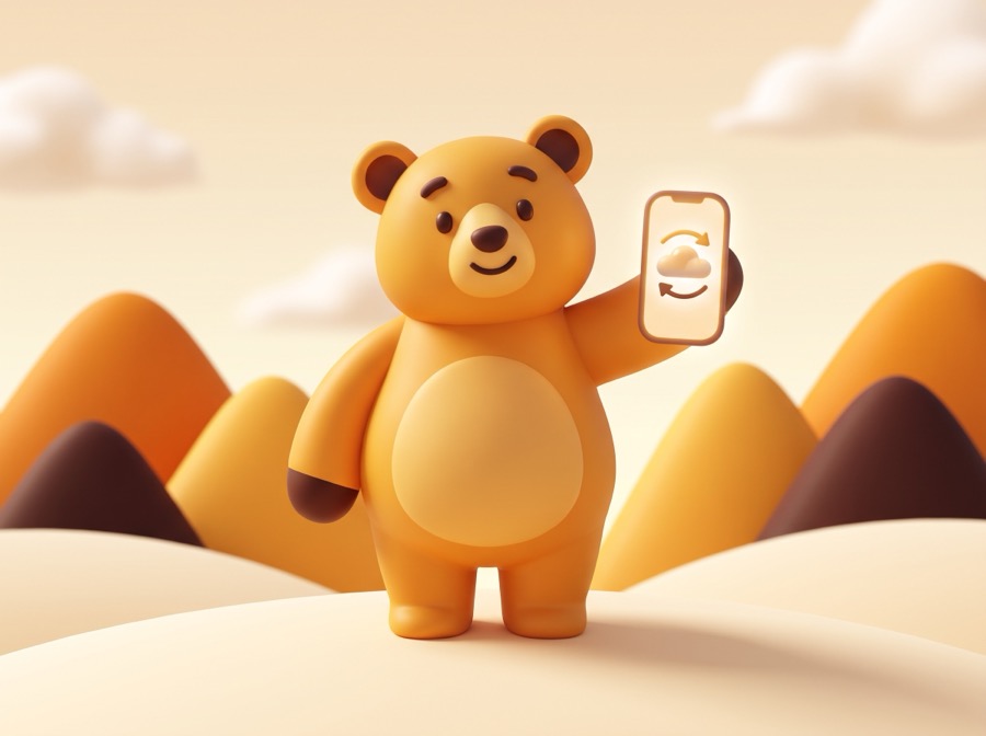 ClockBear mascot in the mountains holding a phone showing a sync icon.