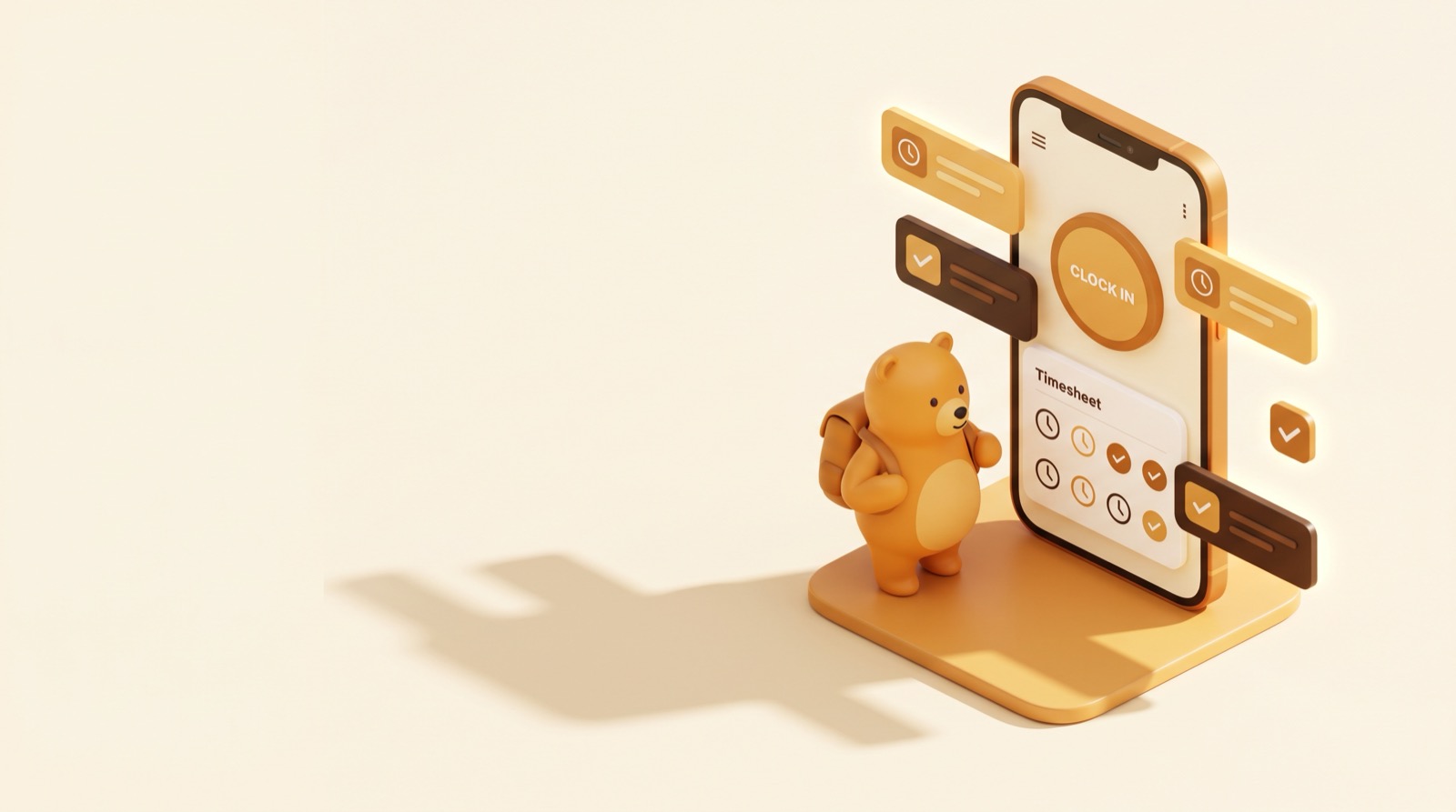 ClockBear mascot beside a phone showing the Clock In screen and a timesheet.